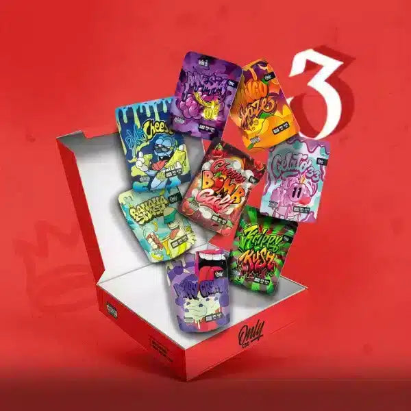 OnlyCBDFans ONLYPACK 3 – Pack 3 variedades (3×1g) + 3 stickers | Elige entre Blue Cheese, Cherry Bomb Cali, Mango Haze, Gelato 33, Zkittlez, Banana Smash